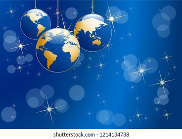 Christmas tree, vector postcard in blue. Balls in the shape of planet earth, background