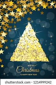 Christmas tree, vector postcard or greeting. Gold bars, wealth and prosperity concept.