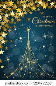 Christmas tree, vector postcard or greeting. Gold necklace, wealth and prosperity concept.