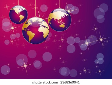 Christmas tree, vector postcard in purple and pink. Balls in the shape of planet earth, background