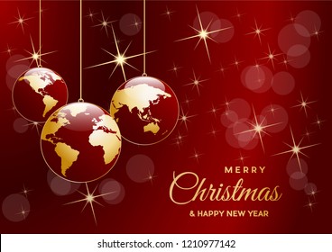Christmas tree, vector postcard in red. Balls in the shape of planet earth, background