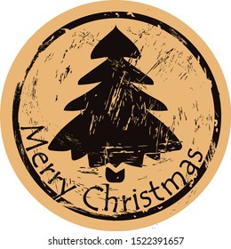 Christmas tree vector round shabby emblem design, old retro style. Fir stamp Round seal imitation. Sign on craft paper background. Vintage grunge icon. Symbol of Christmas and New Year. Christmas mood