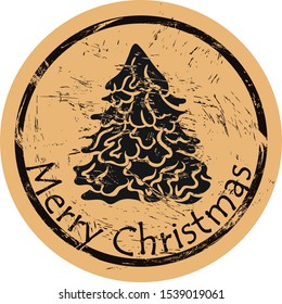 Christmas tree vector round shabby emblem design, old retro style. Fir stamp Round seal imitation. Sign on craft paper background. Vintage grunge antique icon. Coin with Symbol of Christmas, New Year.