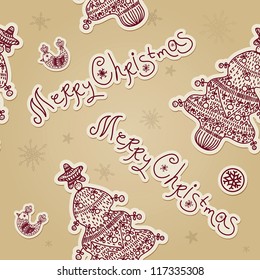 Christmas tree vector seamless background with Merry Christmas text, fir tree, snowflakes. Winter and xmas wallpaper. Vintage style seamless pattern.