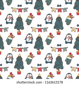 Christmas tree vector seamless pattern xmas gift design. Cute penguin. Vector illustration for your web design.