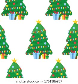 Christmas tree vector seamless pattern with gift boxes under the tree.
