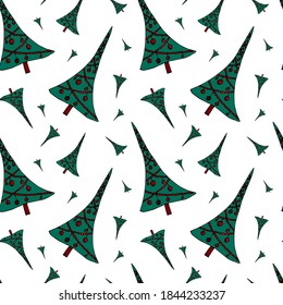 Christmas tree vector seamless pattern. Green Christmas trees with red garlands on white background. For wrapping paper, textile, prints, gifts, greeting cards, home decoration.