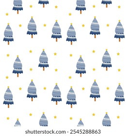 Christmas tree vector seamless pattern. Christmas tree pines on white background with gold stars. Christmas tree illustration in flat cartoon style seamless pattern for wrapping, wallpaper or textile