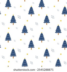 Christmas tree vector seamless pattern. Christmas tree pines on white background with gold stars. Christmas tree illustration in flat cartoon style seamless pattern for wrapping, wallpaper or textile