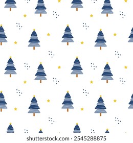 Christmas tree vector seamless pattern. Christmas tree pines on white background with gold stars. Christmas tree illustration in flat cartoon style seamless pattern for wrapping, wallpaper or textile