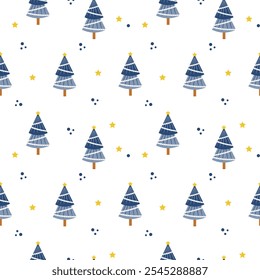Vetor árvore de Natal padrão sem emenda. Pinheiros da árvore de Natal sobre fundo branco com estrelas de ouro. Ilustração da árvore de Natal em estilo de desenho animado plano padrão sem costura para embrulhar, papel de parede ou têxtil