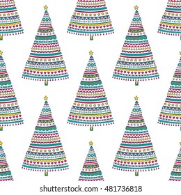 Christmas tree. Vector seamless pattern with hand drawn christmas trees. Spruce with decorative doodle ornament - balls, hearts, stars, snowflakes. Color winter trees on white background.