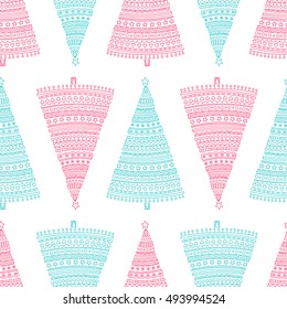 Christmas tree. Vector seamless pattern with hand drawn christmas trees. Spruce with decorative doodle ornament - balls, hearts, stars, snowflakes.