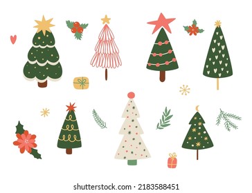 Christmas tree vector set in cute cartoon style. Hand drawn New Year isolated elements, fir tree, gifts, flowers, branch, stars snowflake Winter holiday cute illustration. Christmas tree collection.