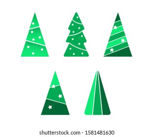 Christmas tree vector set in different decoration, garland and ball. Collection flat icon, christmas tree isolated on white background for xmas and new year greeting card, poster, web.