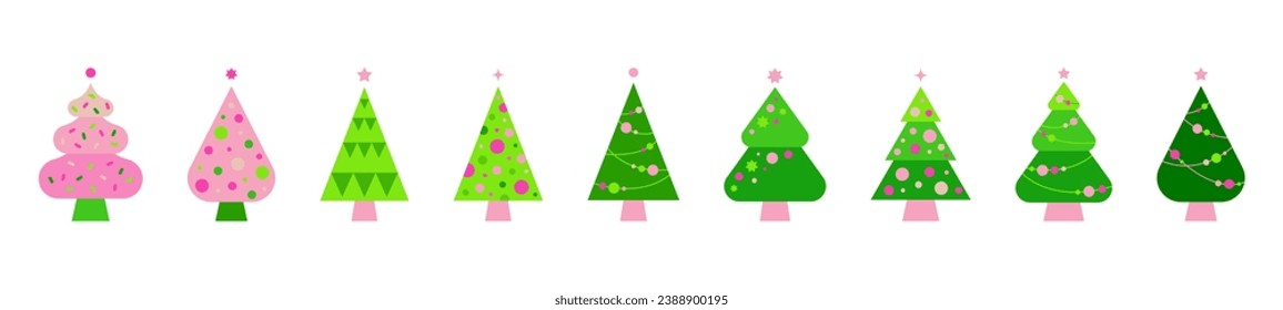 Christmas tree vector set. Holiday decoration. Collection of winter pine trees in flat style. Vector illustration isolated on white background.