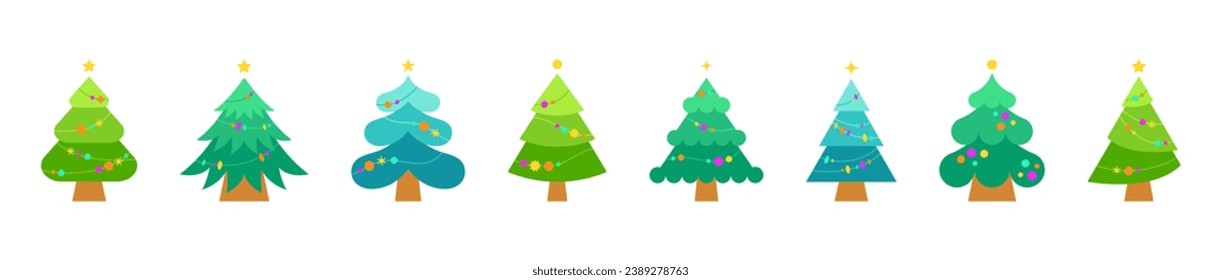 Christmas tree vector set. Holiday decoration design. Collection of winter pine trees in flat style. Vector illustration isolated on white background.