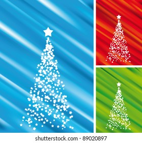 Christmas tree. Vector set of shine blue, green and red backgrounds