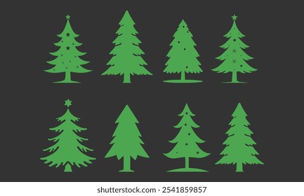 Christmas Tree Vector Set with Various Festive Designs and Stars Perfect for Holiday Decorations, Seasonal Graphics, and Winter Projects

