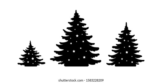 Christmas tree vector shape set. Pine Tree silhouette with stars. Monochrome icon collection. Black decorative element for paper design isolated on white. Template for laser plotter cutting, printing.