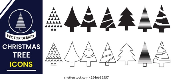Christmas tree vector, silhouette set. Christmas tree, Pine tree icon, vector collection. Christmas tree line art symbol. Vector illustration.