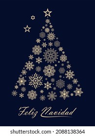 Christmas tree vector with snowflakes and spanish christmas greetings on black background.
Translation spanish to english: Feliz Navidad is Merry Christmas.