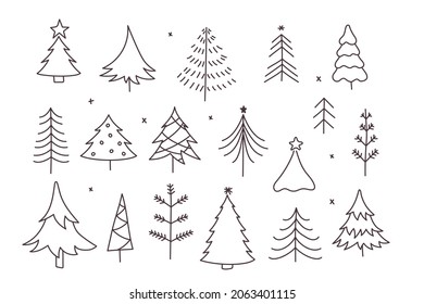 Christmas Tree Vector, svg Xmas Tree. Set of 18 Christmas Tree. Christmas tree line drawing. All trees are made in a minimalistic line art style. New Years and xmas traditional 