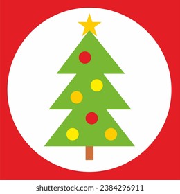Weihnachtsbaum, Vektorsymbol, Etikett, weißer Rahmen auf rotem Hintergrund, eps.