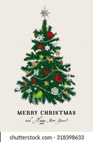 Christmas Tree. Vector Vintage Illustration. Merry Christmas And Happy New Year. Greeting Card. Green And Red.