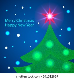 Christmas Tree. Vector Xmas Halftone Dotwork Engraving Background. Merry Christmas Wishes Card