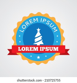 Christmas tree vintage badge, label icon. Blue with red ribbon 