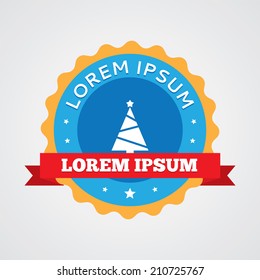 Christmas tree vintage badge, label icon. Blue with red ribbon 