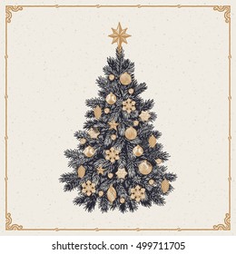 Christmas tree. Vintage greeting card with Happy Holiday inscription