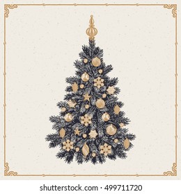 Christmas tree. Vintage greeting card with Happy Holiday inscription