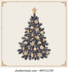 Christmas tree. Vintage greeting card with Happy Holiday inscription