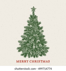 Christmas tree. Vintage greeting card with Merry Christmas inscription