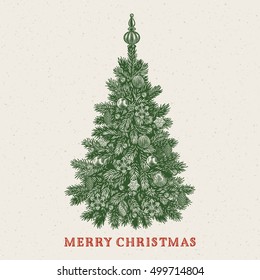 Christmas tree. Vintage greeting card with Merry Christmas inscription