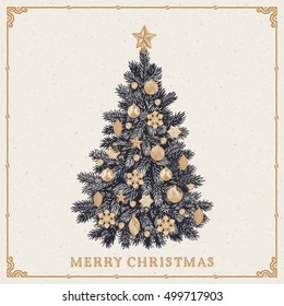 Christmas tree. Vintage greeting card with Merry Christmas inscription