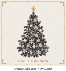 Christmas tree. Vintage greeting card with Happy Holidays inscription