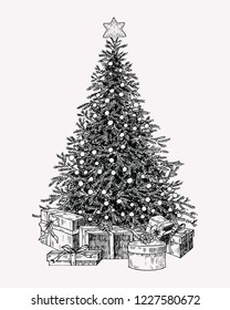 Christmas tree vintage illustation  Hand drawn holiday decor element 