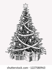 Christmas tree vintage illustation. Hand drawn holiday decor element.