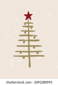 Christmas tree, vintage rustic tree, pine hand drawn holiday print, boho minimalist printable wall art vector