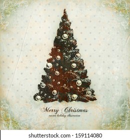 Christmas tree. Vintage vector Xmas card. Old paper texture background for holiday design.