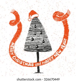Christmas tree. Vintage vector Xmas card. 