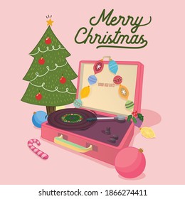 Christmas tree with vinyl player. good old times