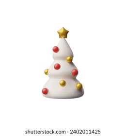 Christmas tree, volume render 3d vector illustration, isolated on white background. White toy fit with colorful balls and star, present for Christmas or New Year. Holiday object, icon for design