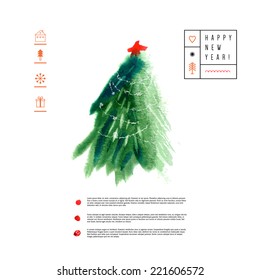 Christmas tree. Watercolor background. Hand drawn Merry Christmas and Happy New Year card. Vector design template. Isolated.