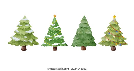 Christmas Tree Watercolor Collection. Set of pine green tree for Merry Christmas winter card. Cute tree forest cartoon isolated on white background vector illustration