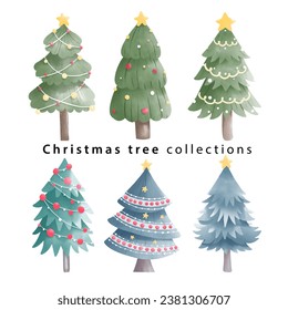 Christmas tree watercolor collections isolated on white background. Vector illustration