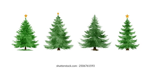 Christmas tree watercolor isolated on white background, Set of greenery Christmas pine tree watercolor vector illustration